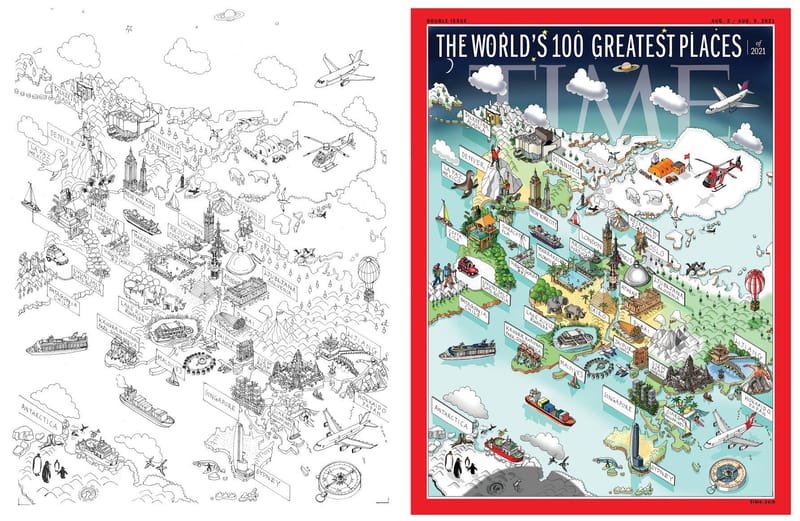 Time magazine cover titled The 100 Greatest Places of the World, 2021 issue, featuring a colorful illustrated map with landmark icons
