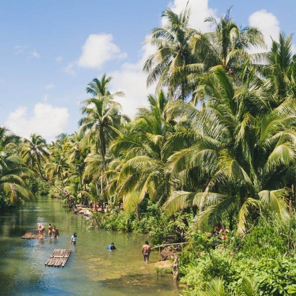 A jungle river bordered by tall coconut palms, with bamboo rafts moored at the bank and several people wading in the clear turquoise water