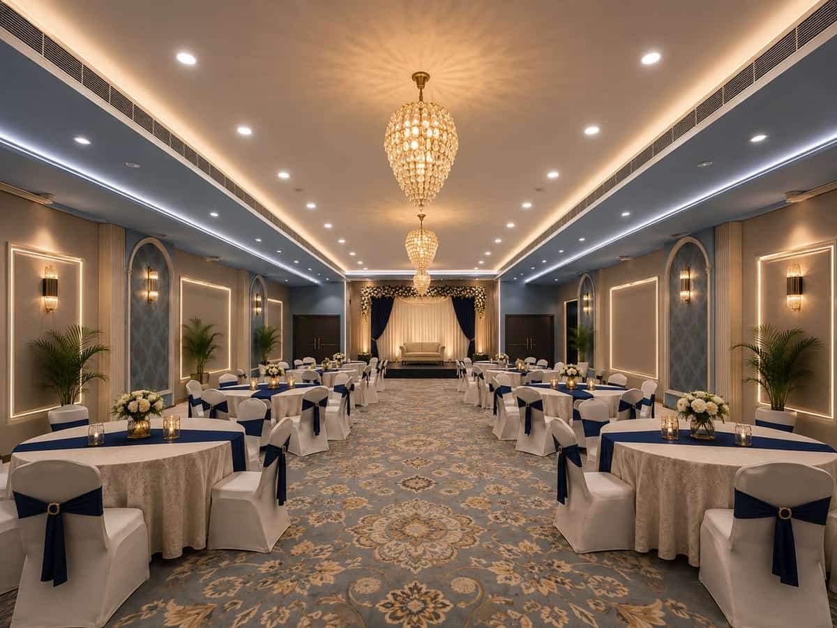 Banquet hall in a blue and gold table setting at Crestline Shubh Vilas, Jaipur
