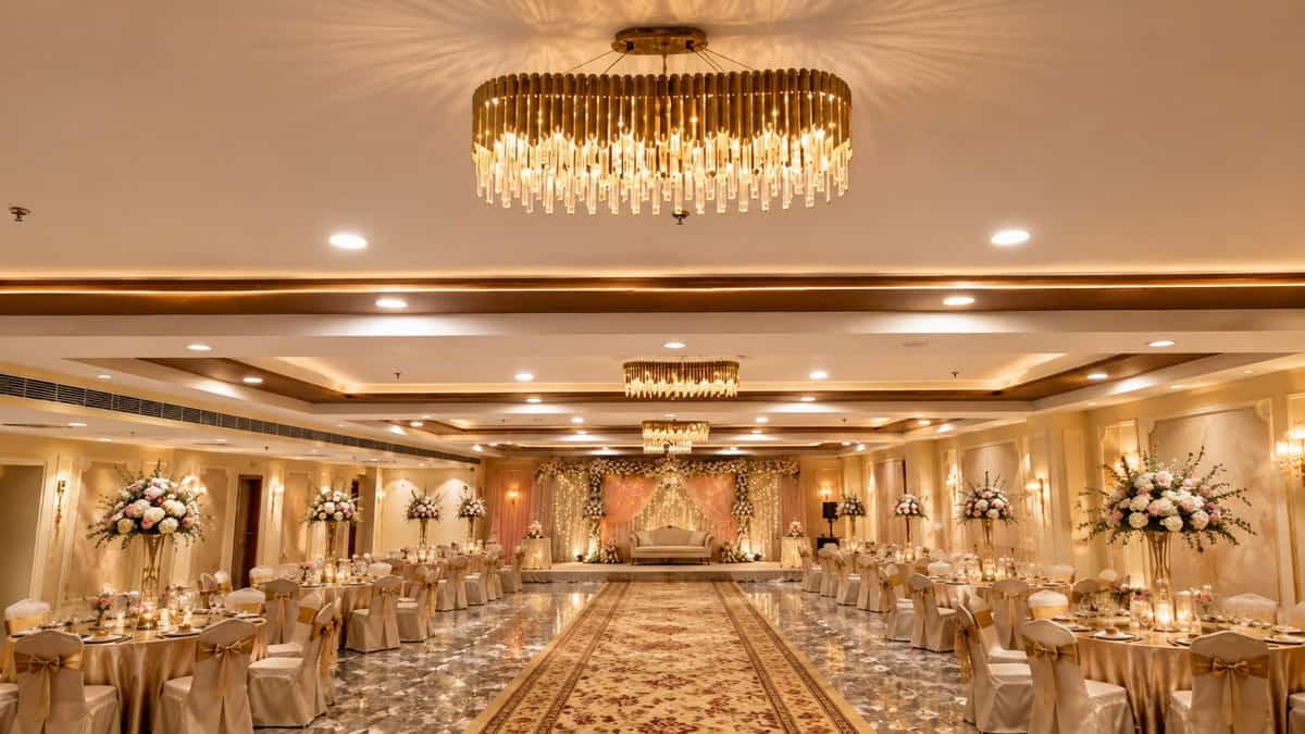 Banquet hall with round tables set for a wedding at Crestline Shubh Vilas, Jaipur