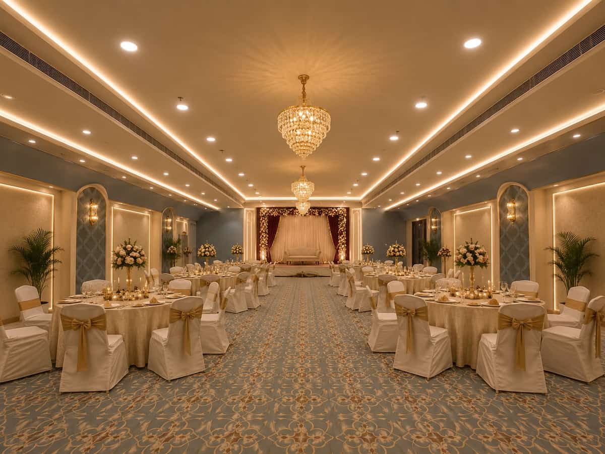 Banquet hall wedding stage with gold decor at Crestline Shubh Vilas, Jaipur