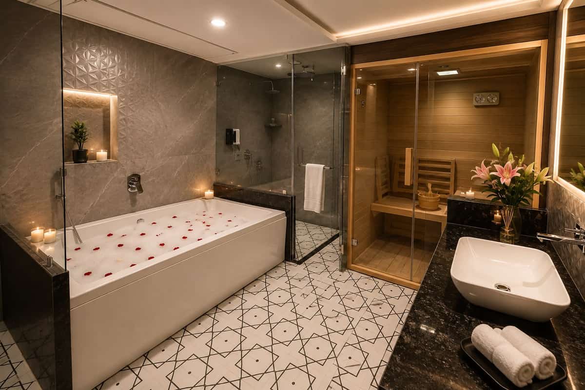 Jacuzzi bathroom with sauna at Crestline Shubh Vilas, Jaipur