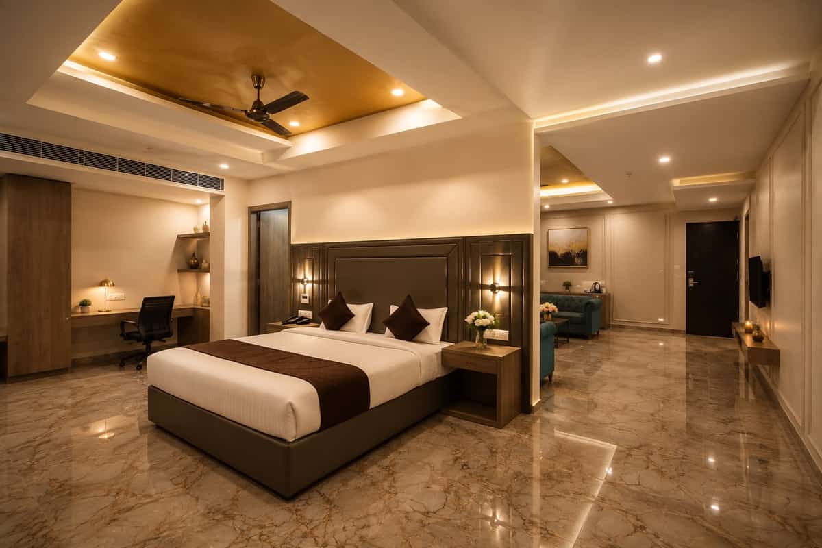 Suite bedroom with work desk and lounge at Crestline Shubh Vilas, Jaipur