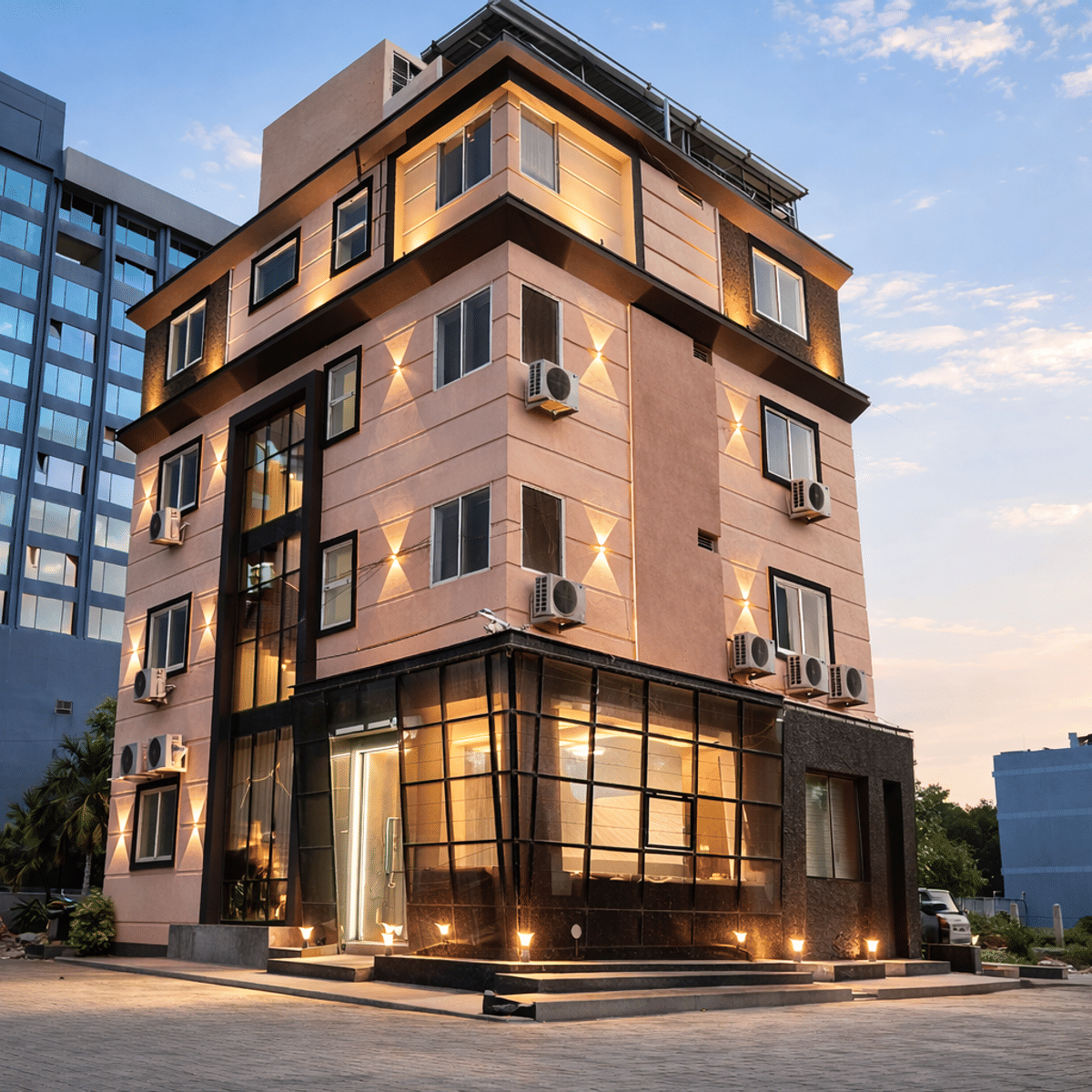 Exterior of Signum Cityscapes Sky Boutique Hotel, Indore, at dusk