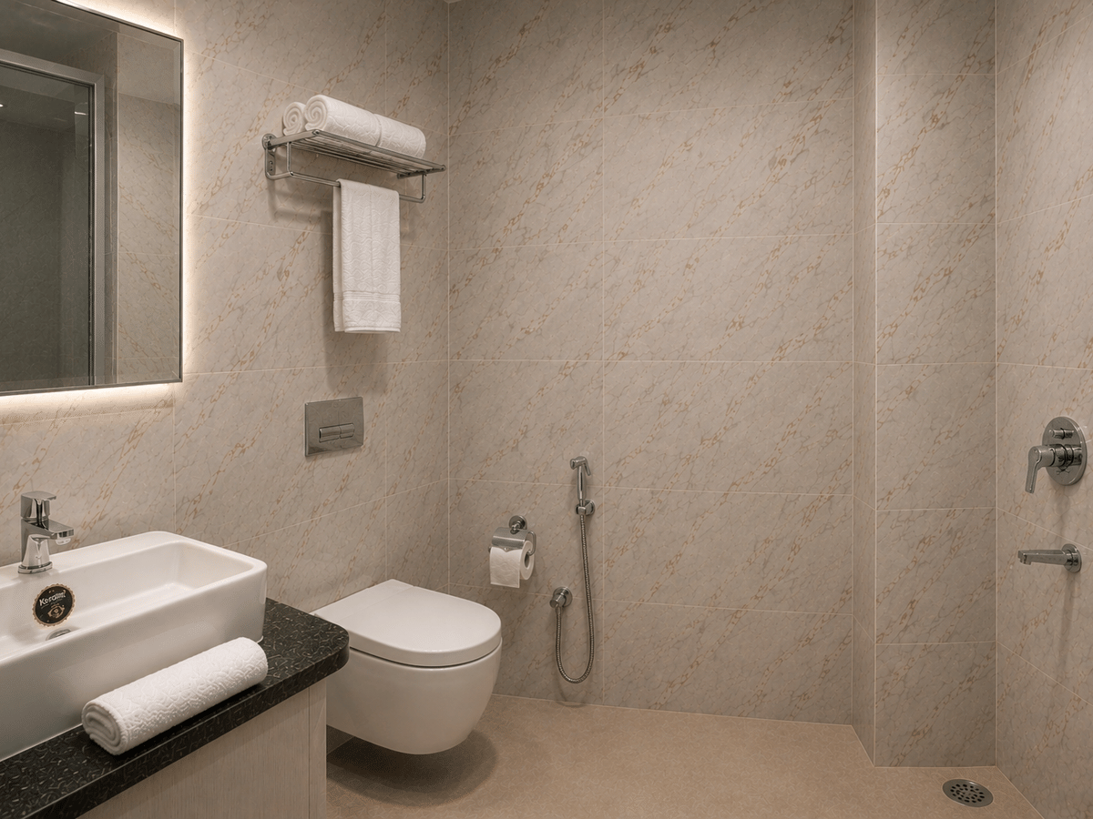 Deluxe room bathroom rain shower at Signum CityScapes SKY Boutique Hotel, Indore