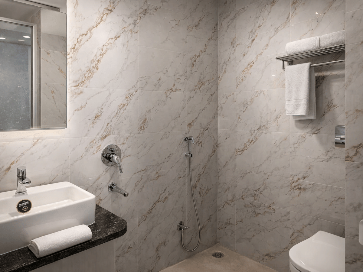 Deluxe room bathroom shower at Signum CityScapes SKY Boutique Hotel, Indore