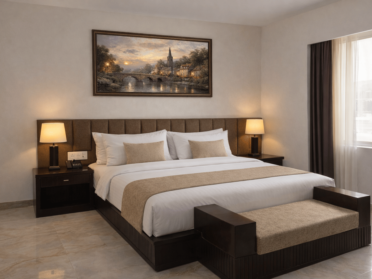Deluxe room bed window view at Signum CityScapes SKY Boutique Hotel, Indore