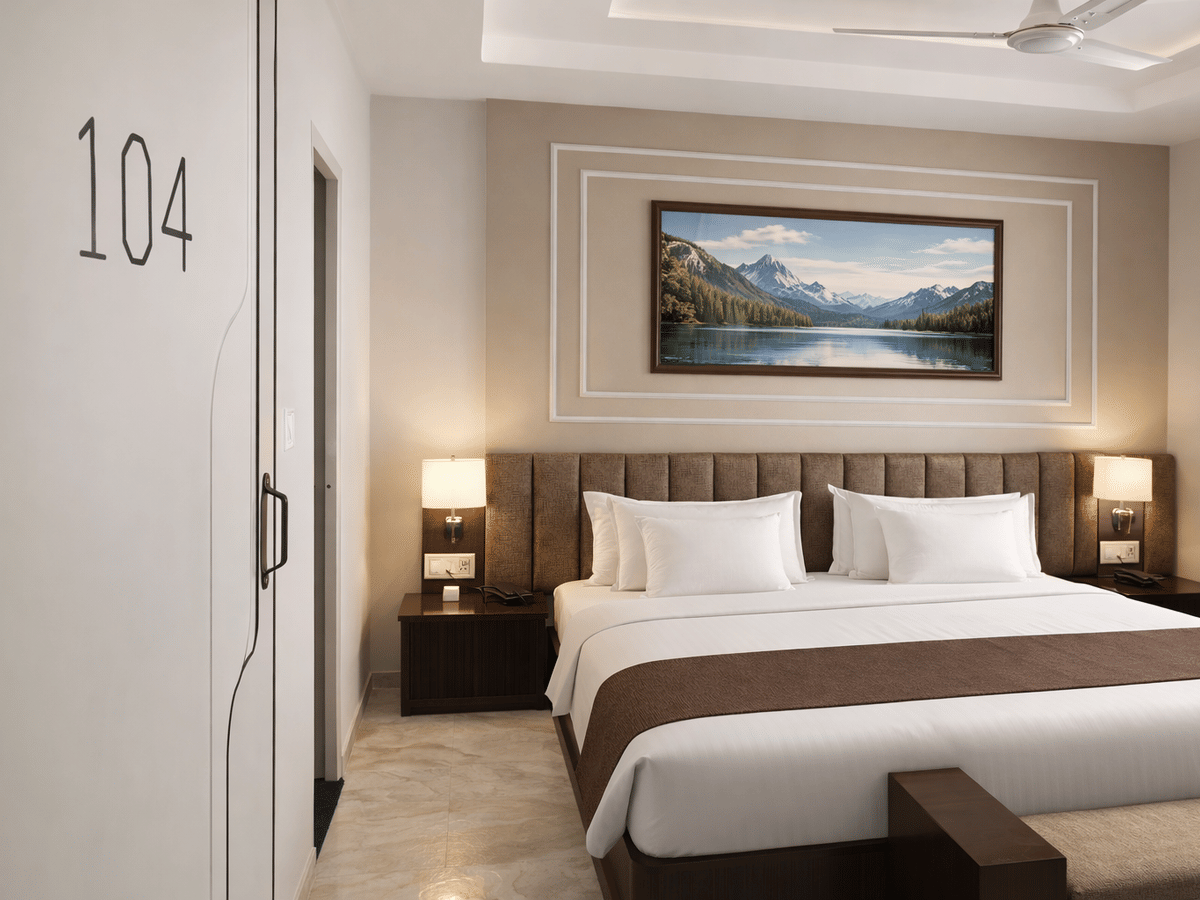 Deluxe room wardrobe entry at Signum CityScapes SKY Boutique Hotel, Indore