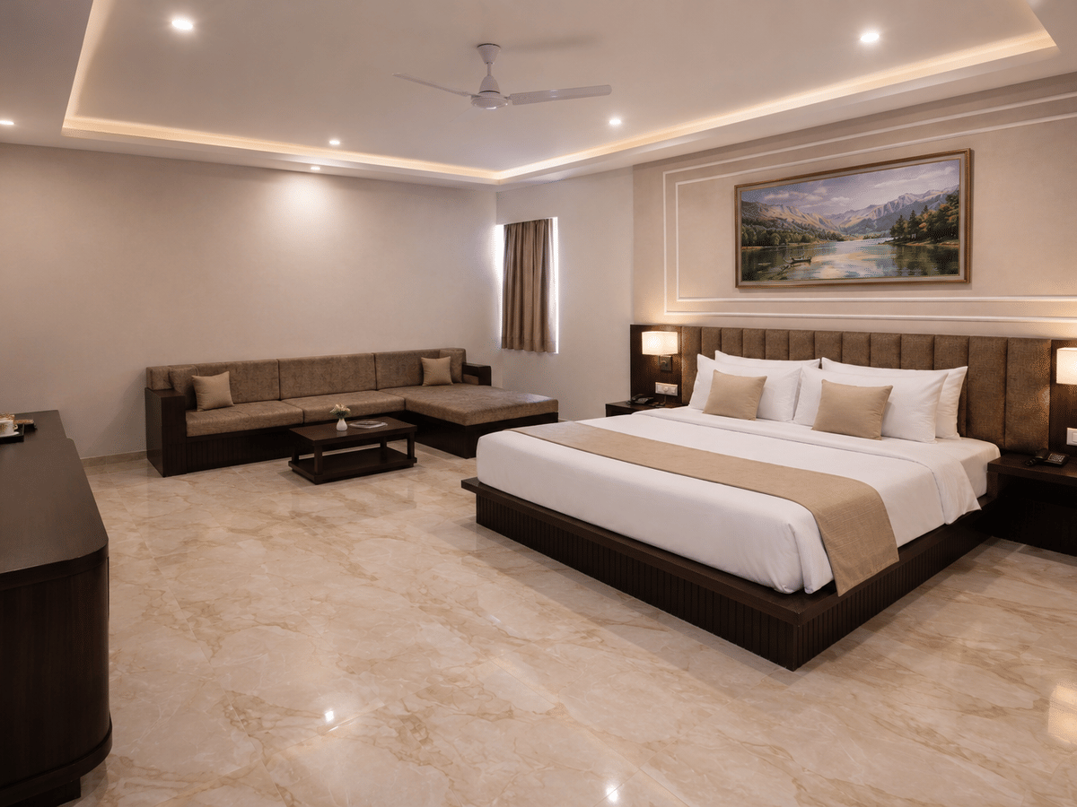 Junior suite lounge sofa at Signum CityScapes SKY Boutique Hotel, Indore