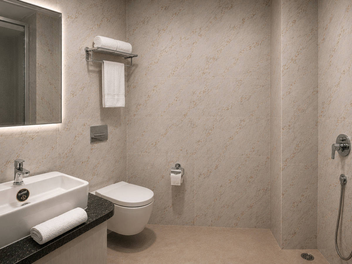 Standard room bathroom WC towel rack at Signum CityScapes SKY Boutique Hotel, Indore