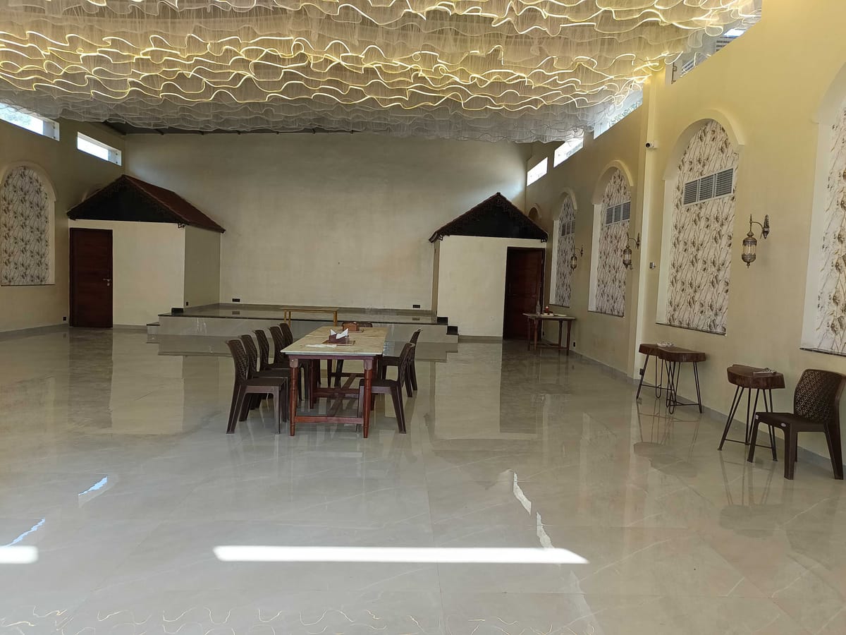 The banquet hall set up for a conference at Signum Resort, Bandhavgarh