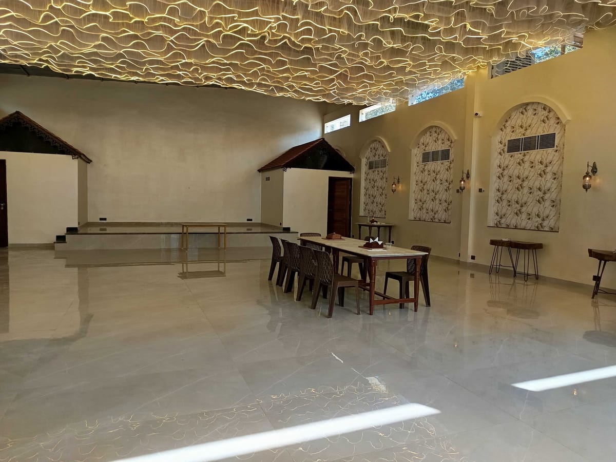 The banquet hall set for a celebration at Signum Resort, Bandhavgarh