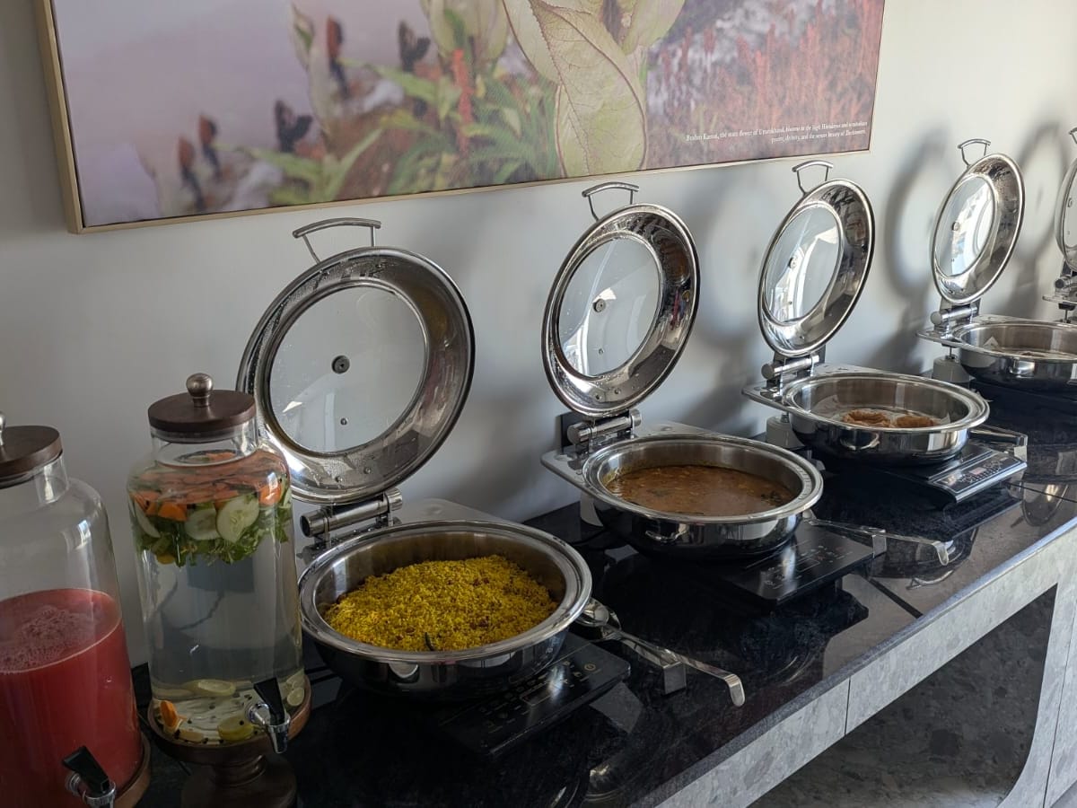 A chafing dish kept warm at the buffet at Signum Tathastu Boutique Hotel, Haridwar