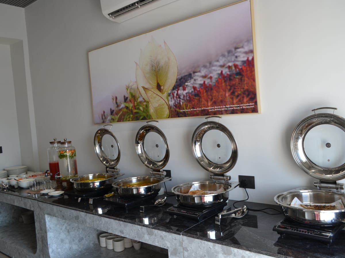 Chafing dishes on the buffet line at Signum Tathastu Boutique Hotel, Haridwar