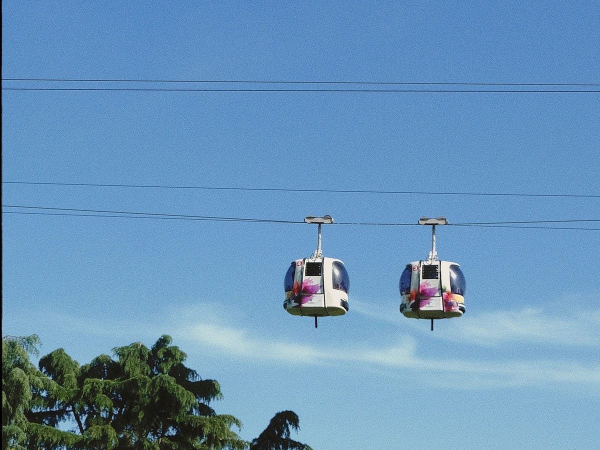 Cable cars on the Haridwar ropeway climbing towards the hilltop temple
