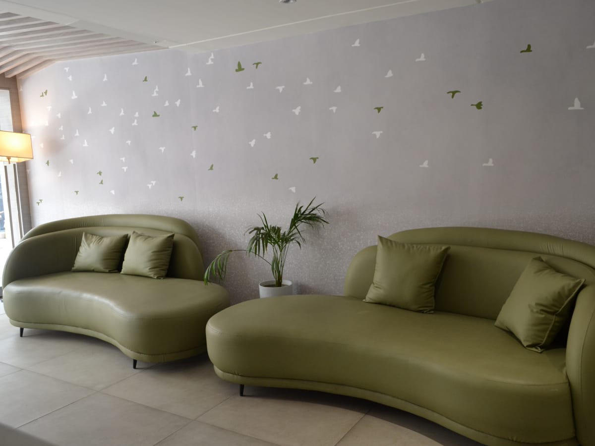 The lobby seating area at Signum Tathastu Boutique Hotel, Haridwar