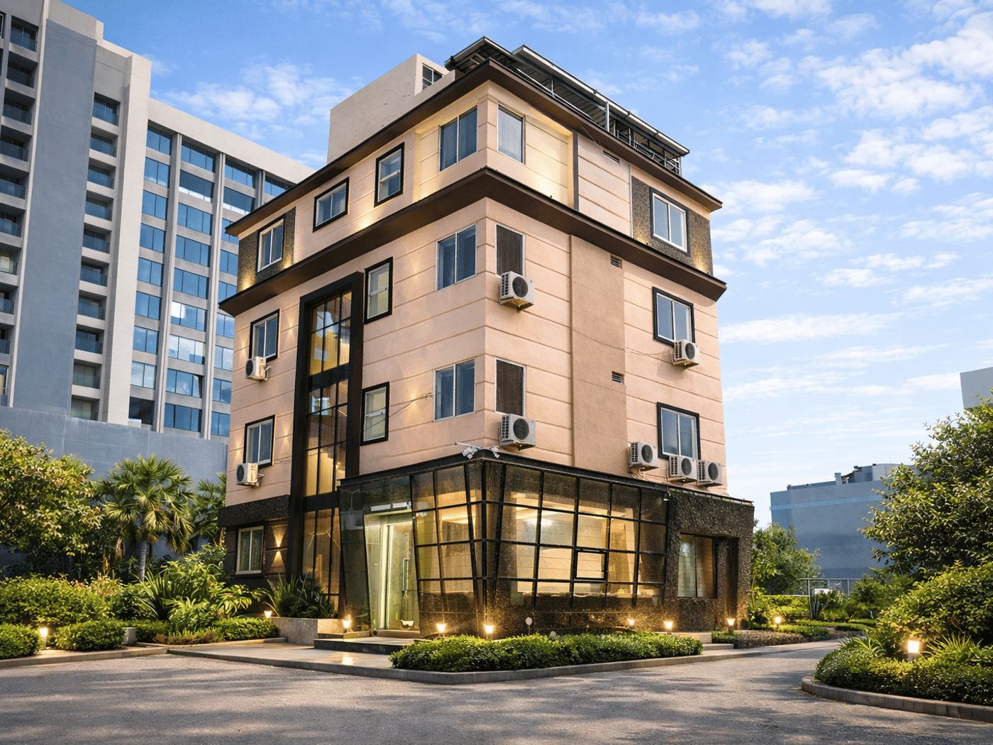 The exterior of Signum CityScapes SKY Boutique Hotel, Indore, in daylight