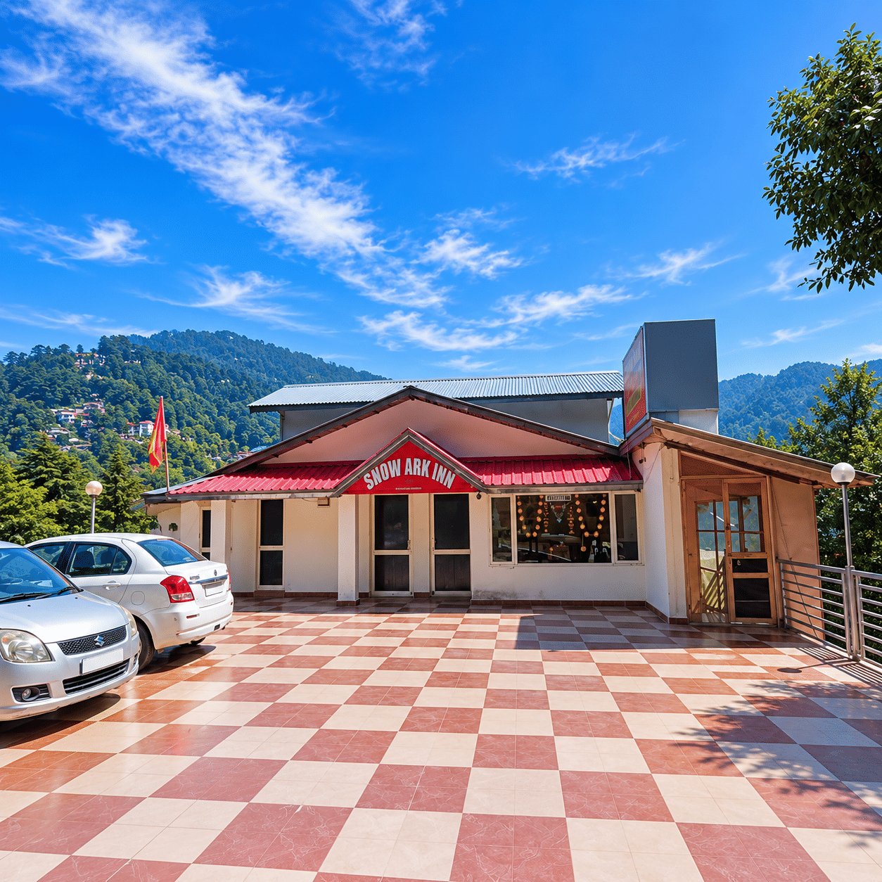 The front of Hotel Snow Ark Inn under a clear sky