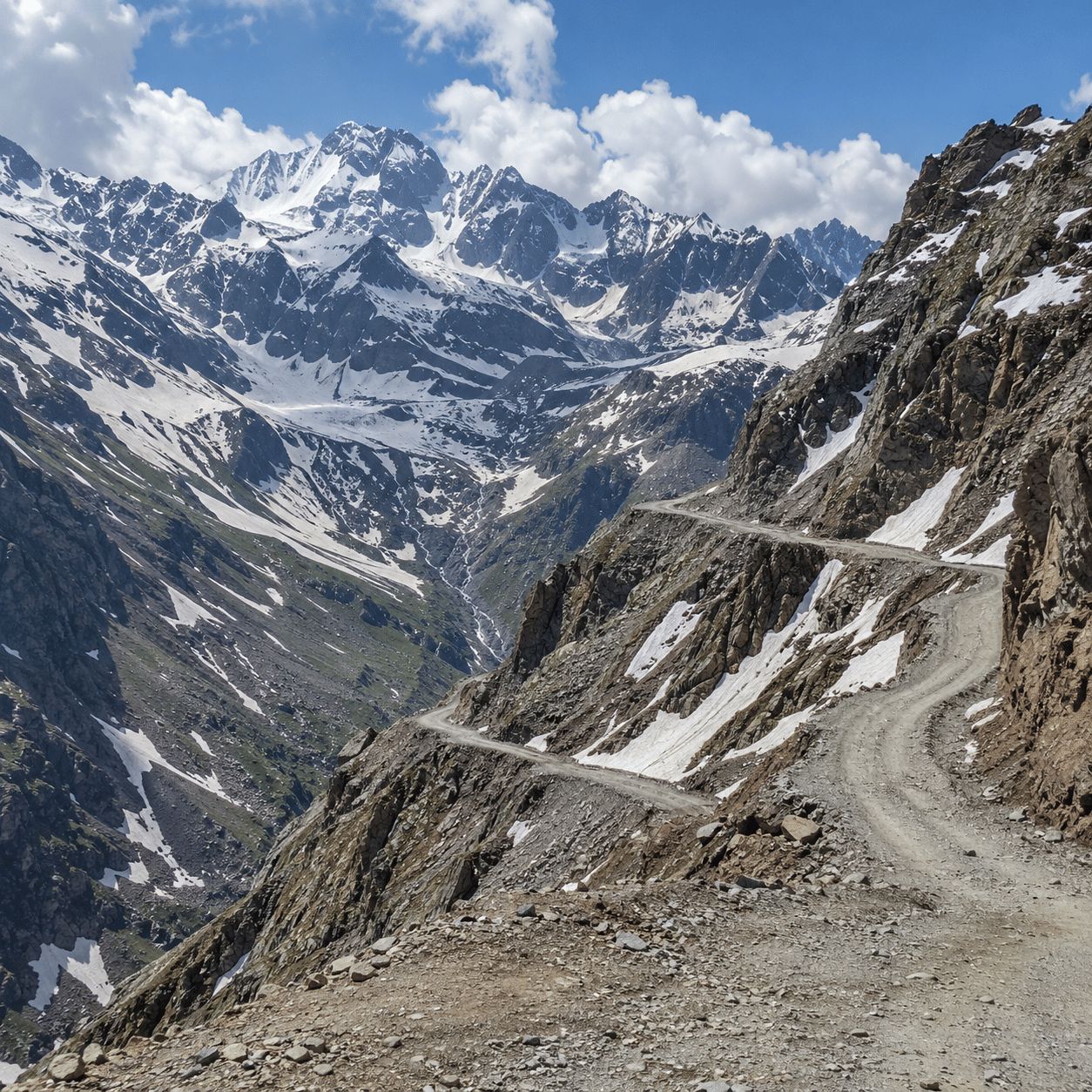 The road climbing through the snow to Sach Pass