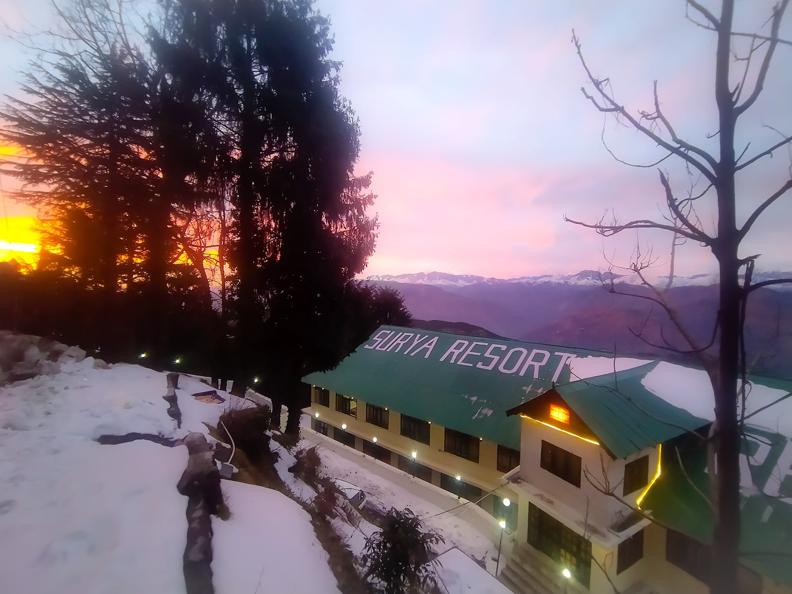 Hotel Surya Resort in the snow at dawn