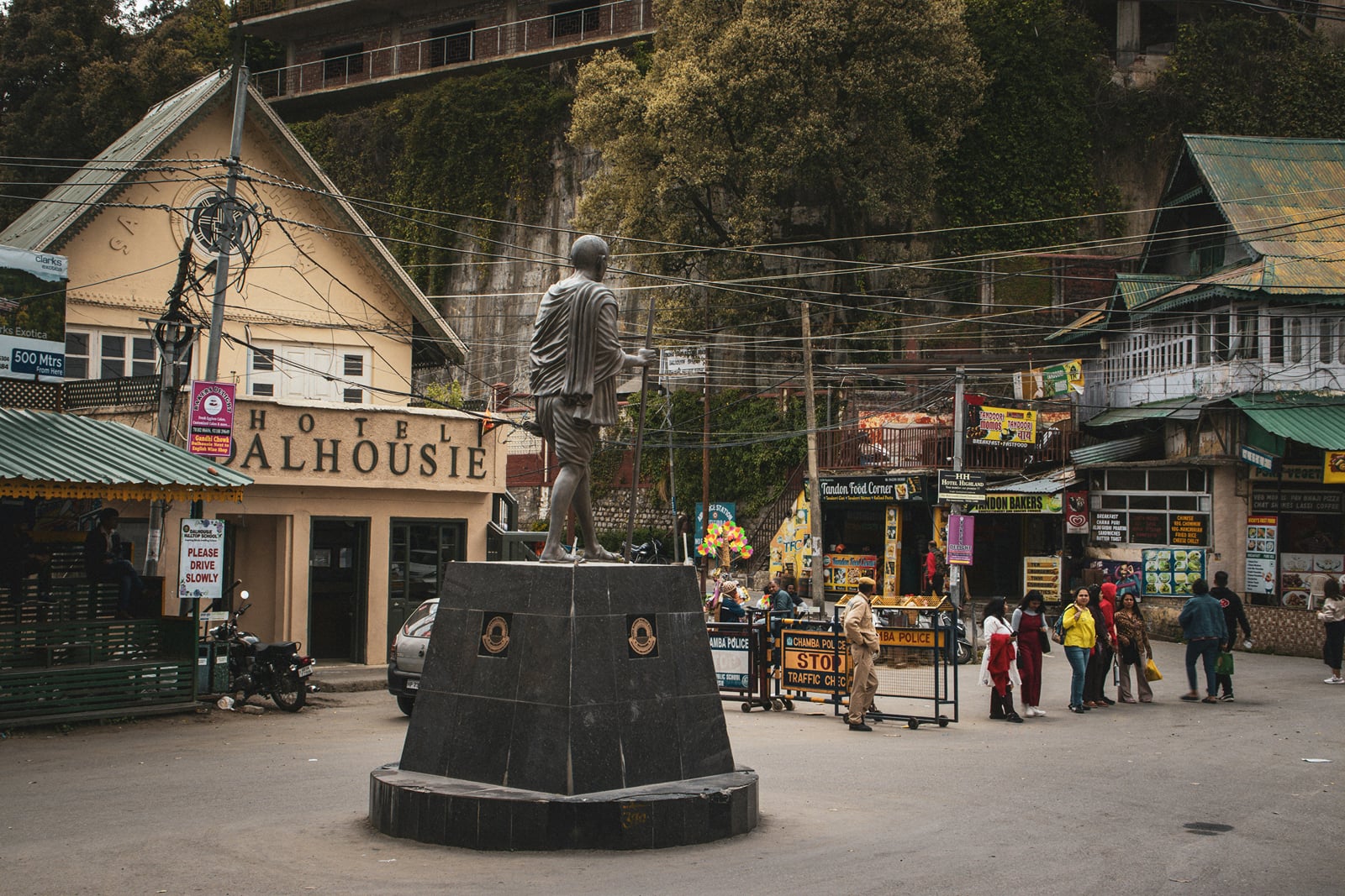 Gandhi Chowk, Dalhousie, with its statue and town buildings