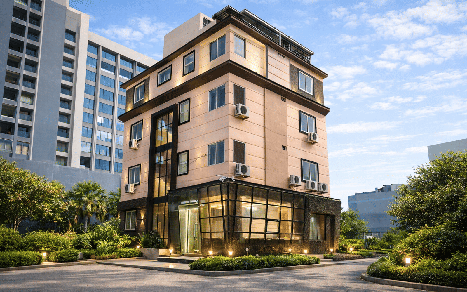 The exterior of Signum CityScapes SKY Boutique Hotel, Indore, in daylight