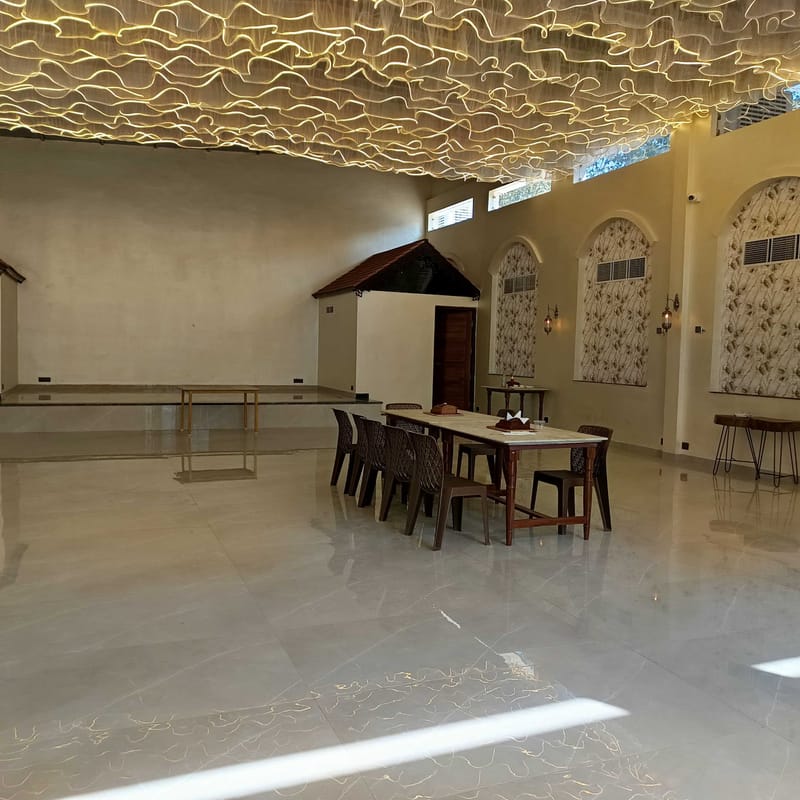 The banquet hall dressed for a celebration