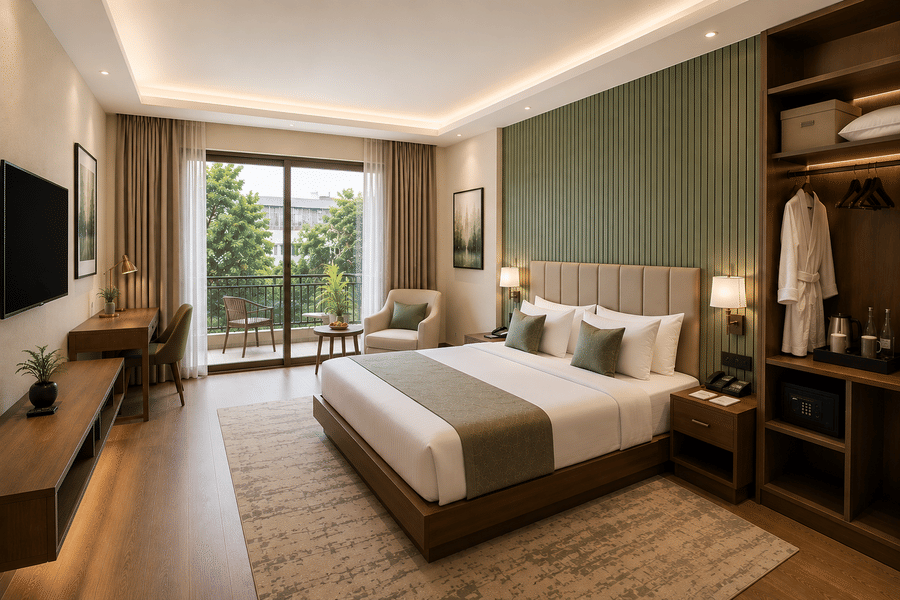 A guest room with a panelled headboard wall opening onto a balcony at Signum Cityscapes, Dehradun