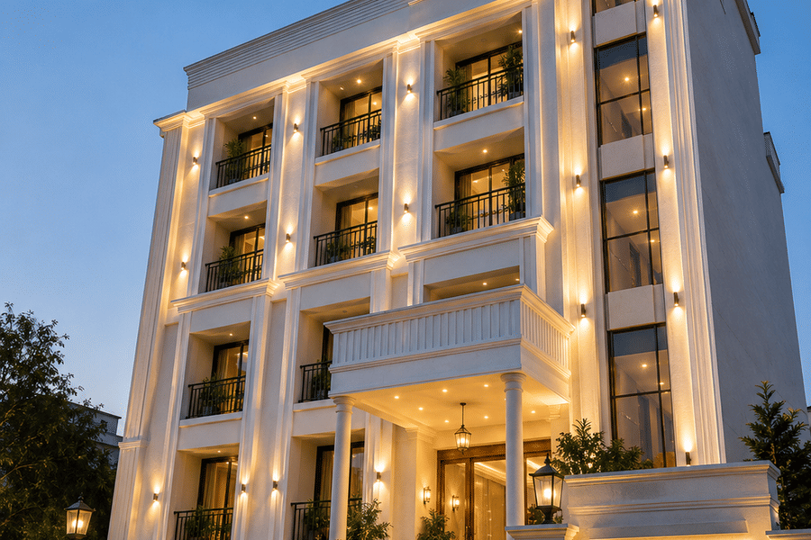 The illuminated facade of Signum Cityscapes, Dehradun, at dusk