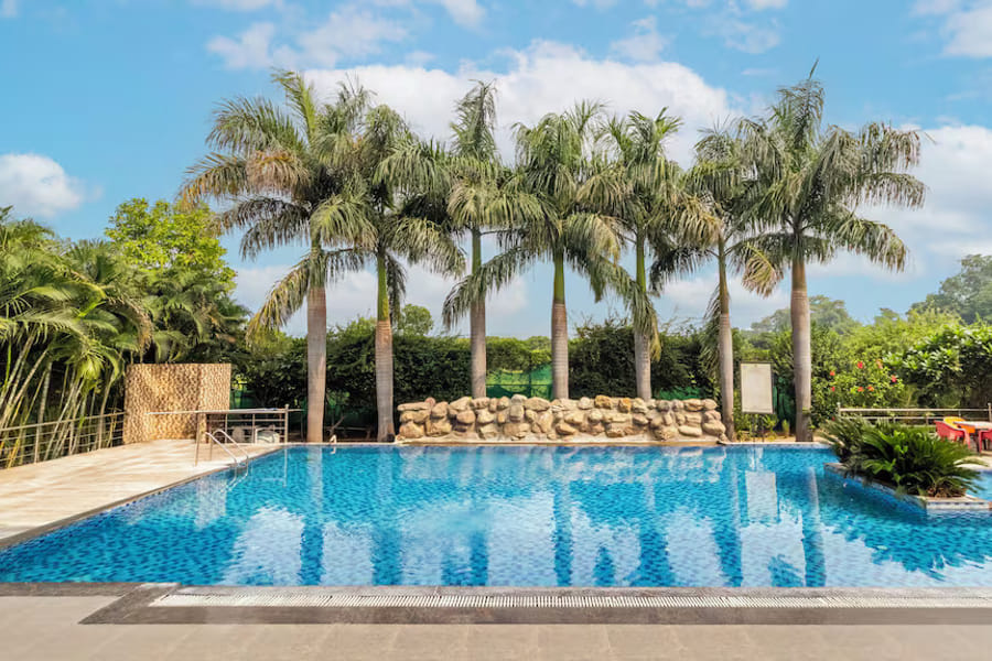 The outdoor pool framed by palms at Signum Resorts, Jim Corbett