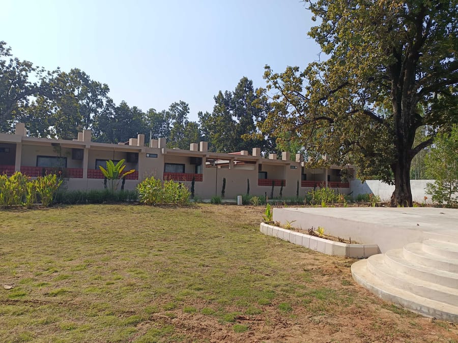 The lawns and guest blocks under old trees at Signum Resort, Bandhavgarh