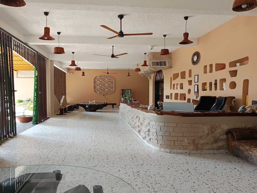 The lobby looking through to reception at Signum Resort, Bandhavgarh