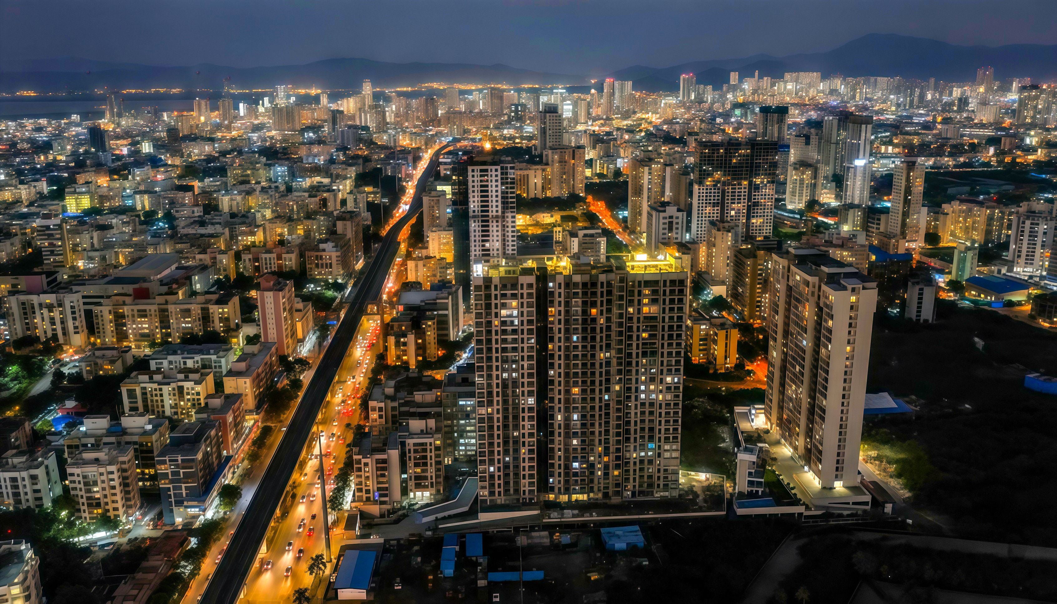 Mumbai skyline at night, home to the business districts of Lower Parel and Worli near The Sahil Hotel