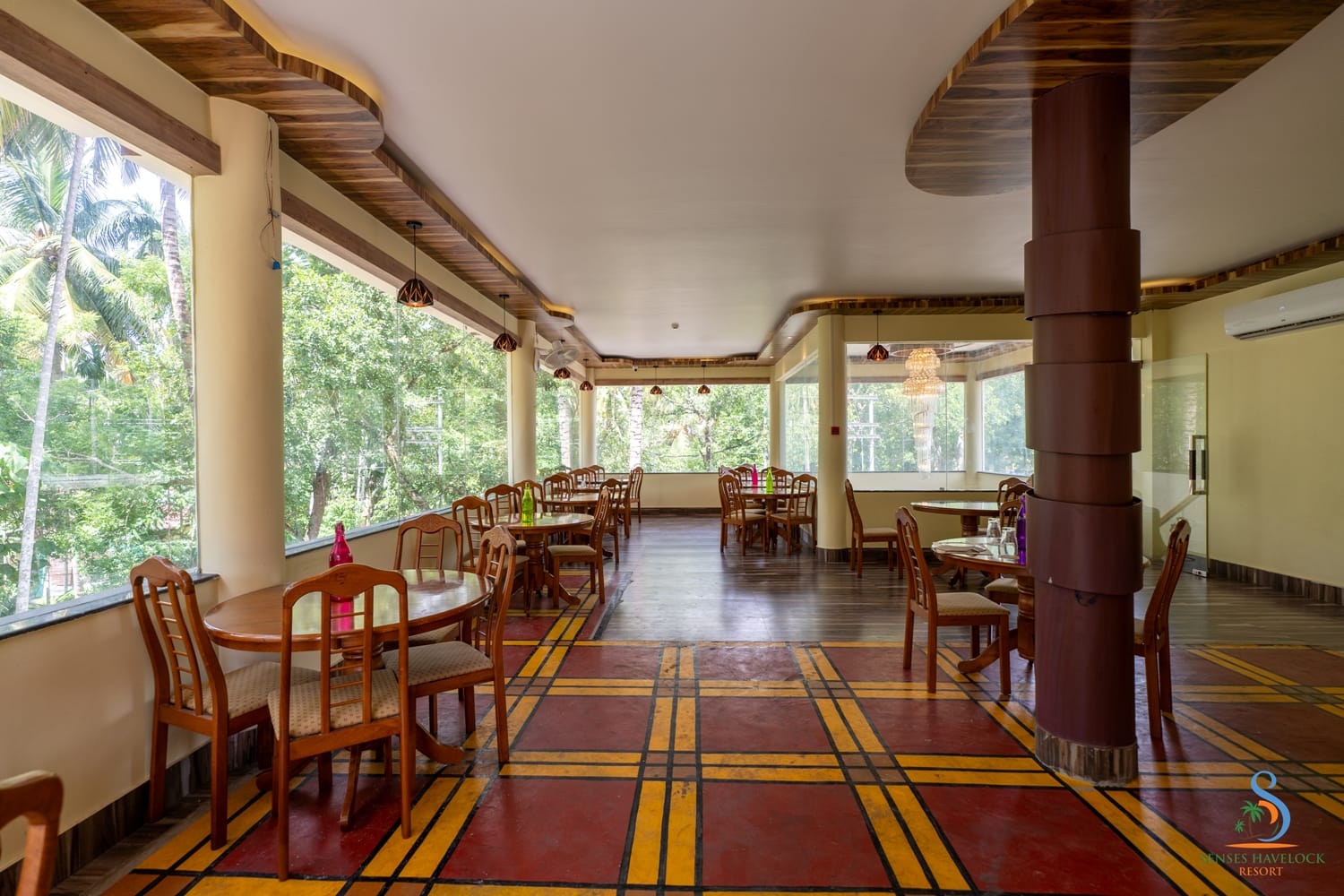 The restaurant seating area looking out to the garden