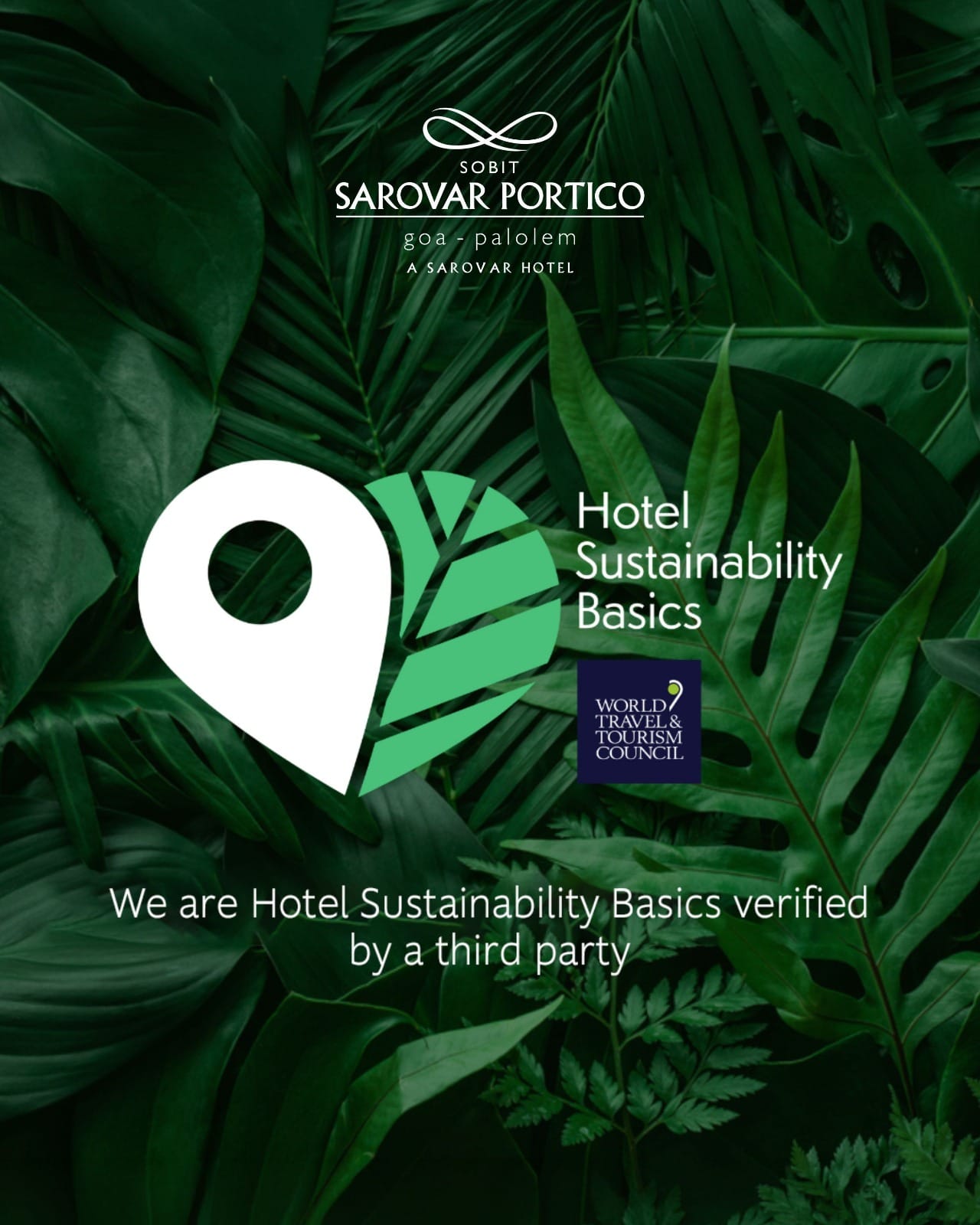 Hotel Sustainability Basics 2026 badge featuring a green leaf location pin icon and the World Travel & Tourism Council logo.