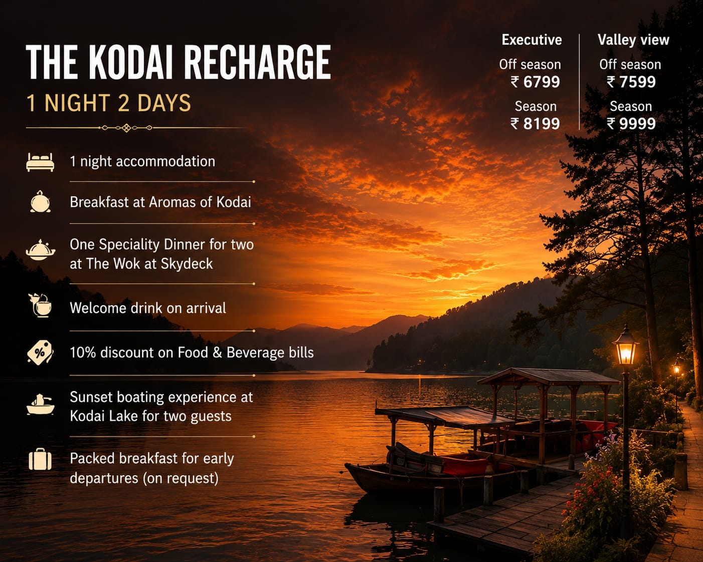 Sunset lakeside view featured in Kodai Recharge package showcasing serene waters, warm evening skies, and a peaceful nature retreat in Kodaikanal.