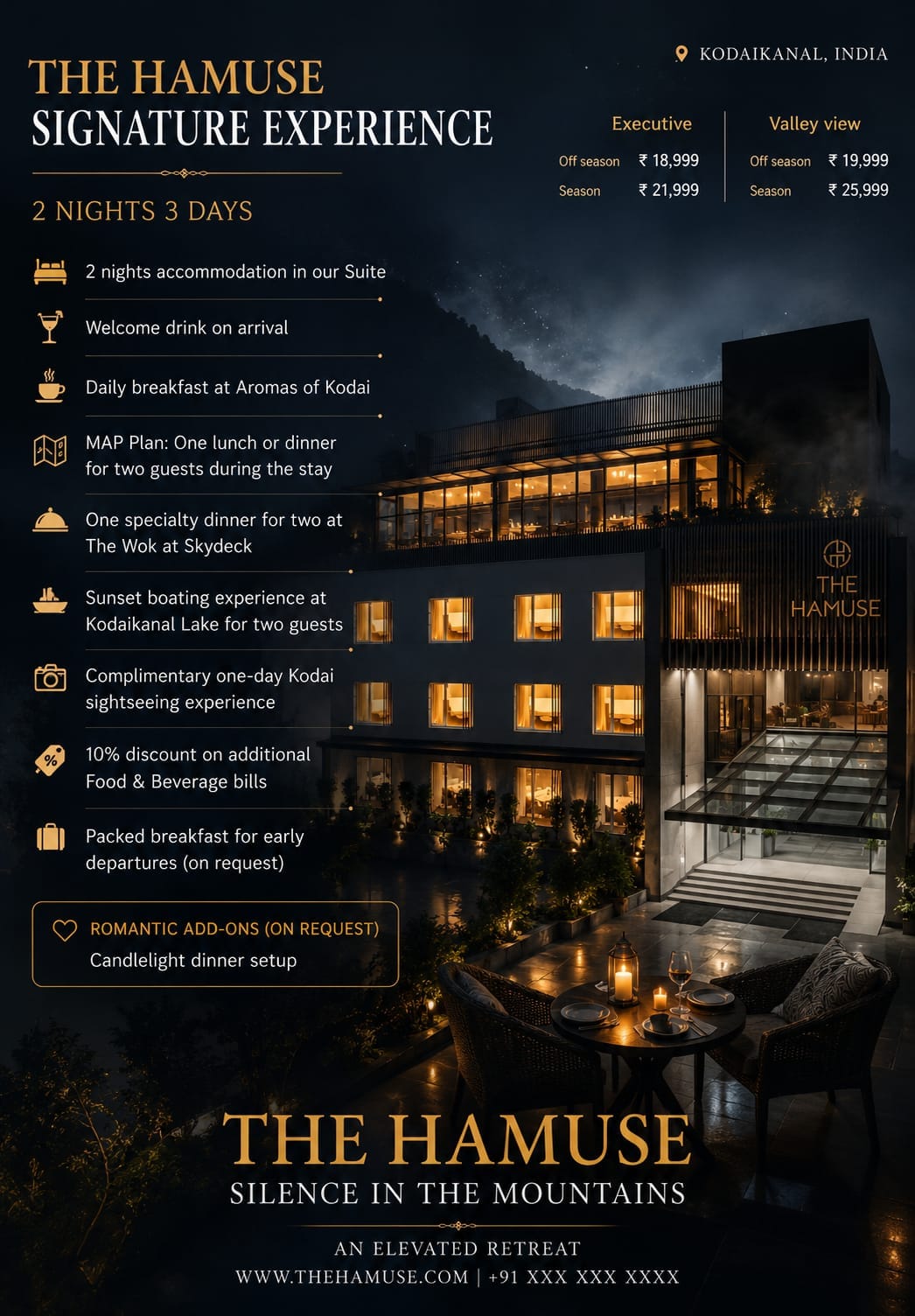 Elegant night view of The Hamuse featuring luxury architecture, premium stay experience, and sophisticated mountain hospitality in Kodaikanal.