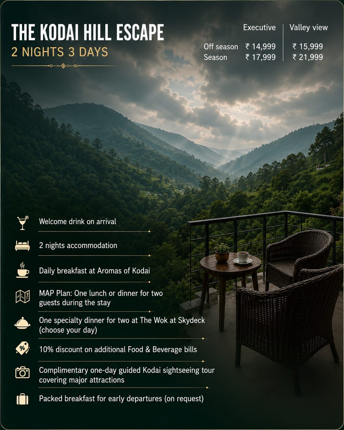 Luxurious hillside balcony view at Kodai Hill Escape with misty mountain scenery, wooden deck seating, and nature-inspired stay experience in Kodaikanal.