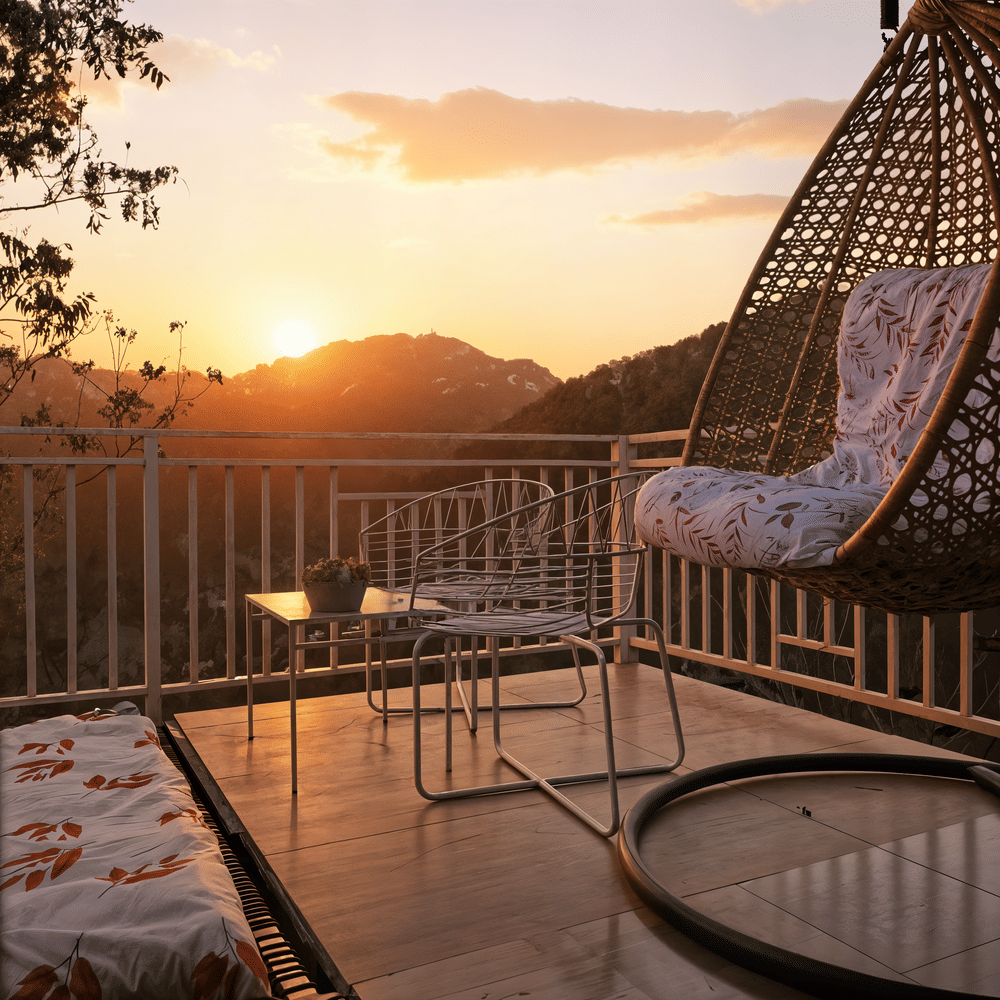 Private balcony of the Luxurious Cottage at Nazaara Nature Retreat with wicker chairs overlooking the sunset-lit hills.