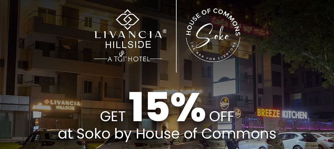 Promotional image showing a 15% discount offer at Soko by House of Commons for guests staying at Livancia Hillside