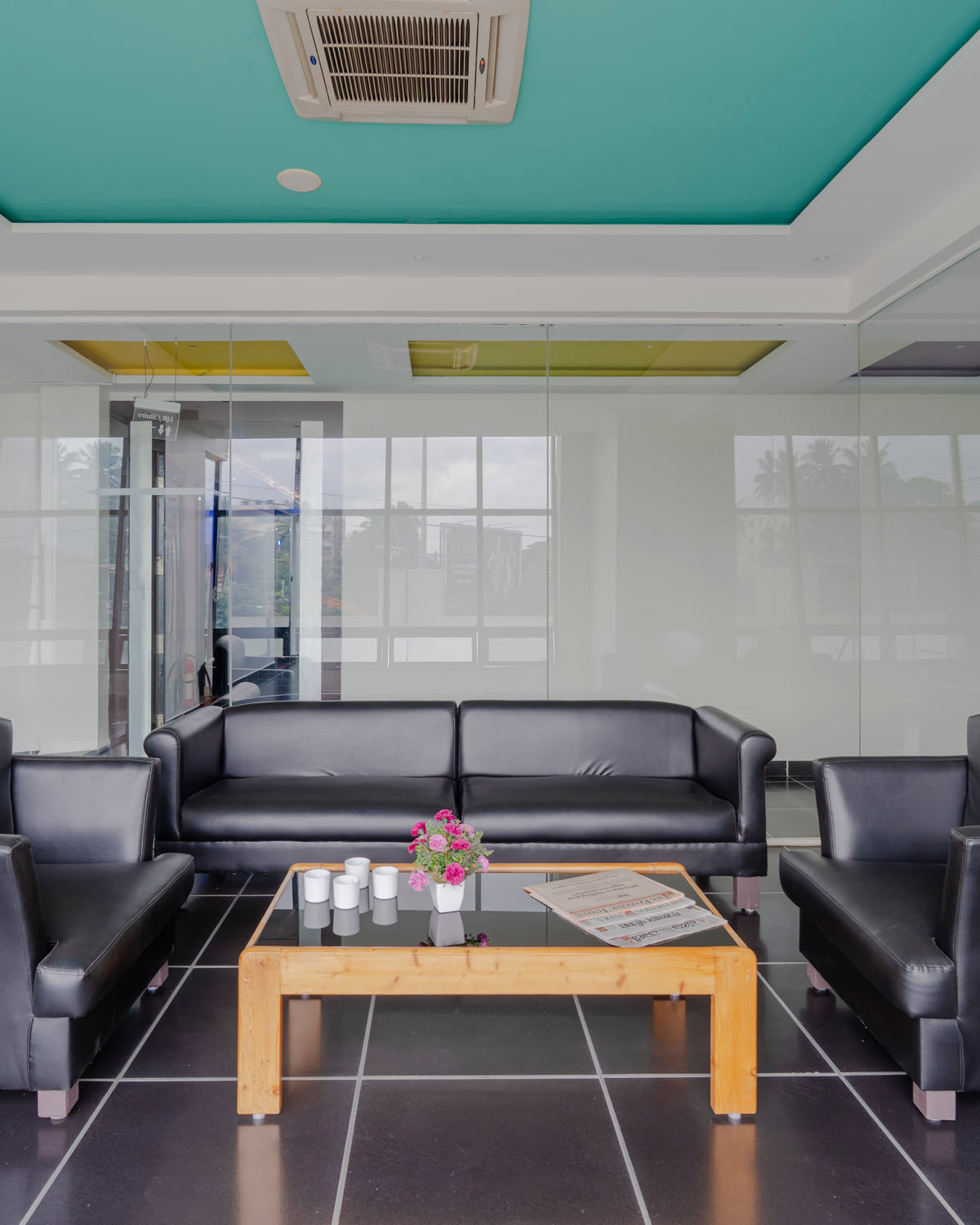 Seating corner on the guest floor at RD Hotels, HSR Layout
