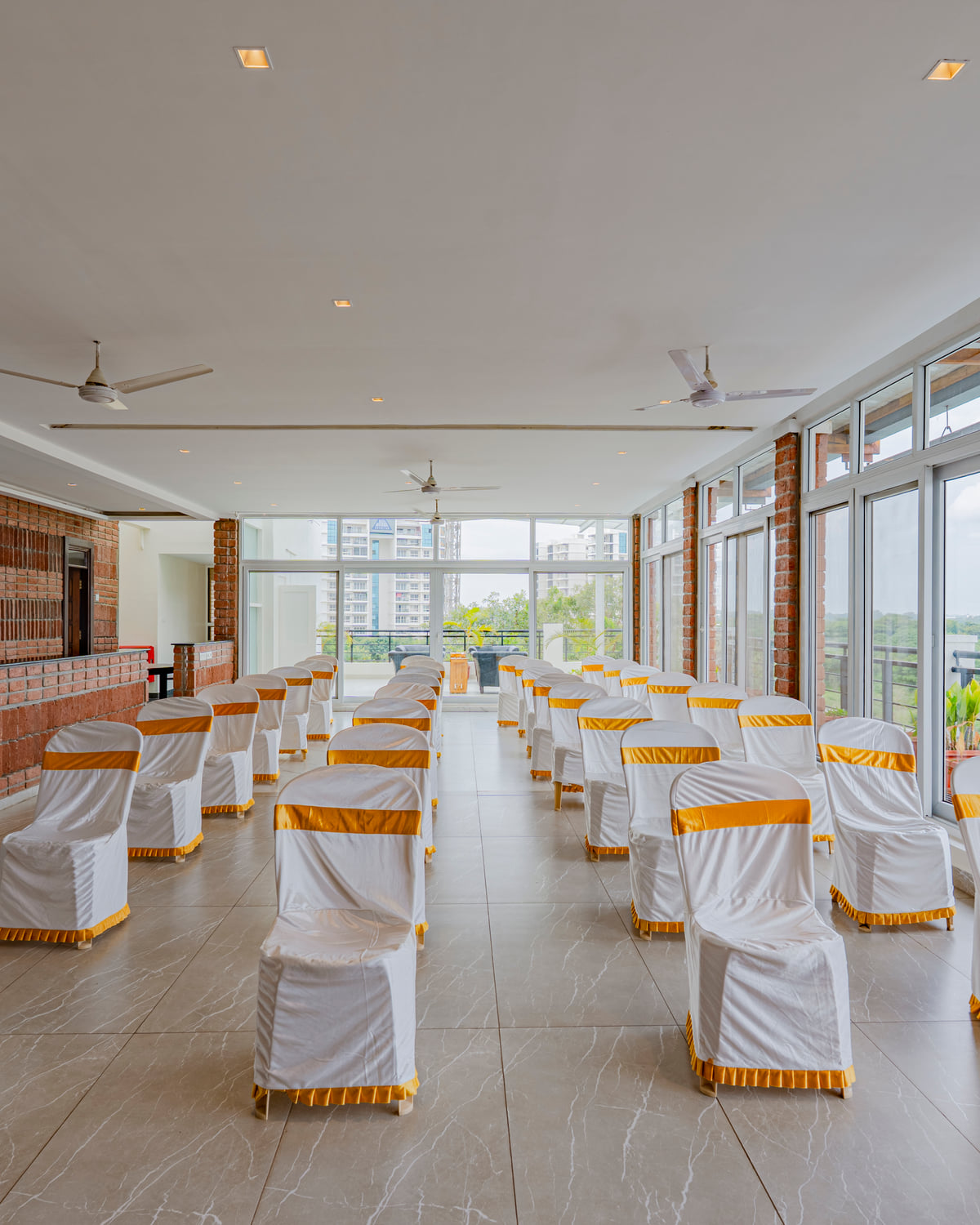 The terrace banquet hall set out in rows