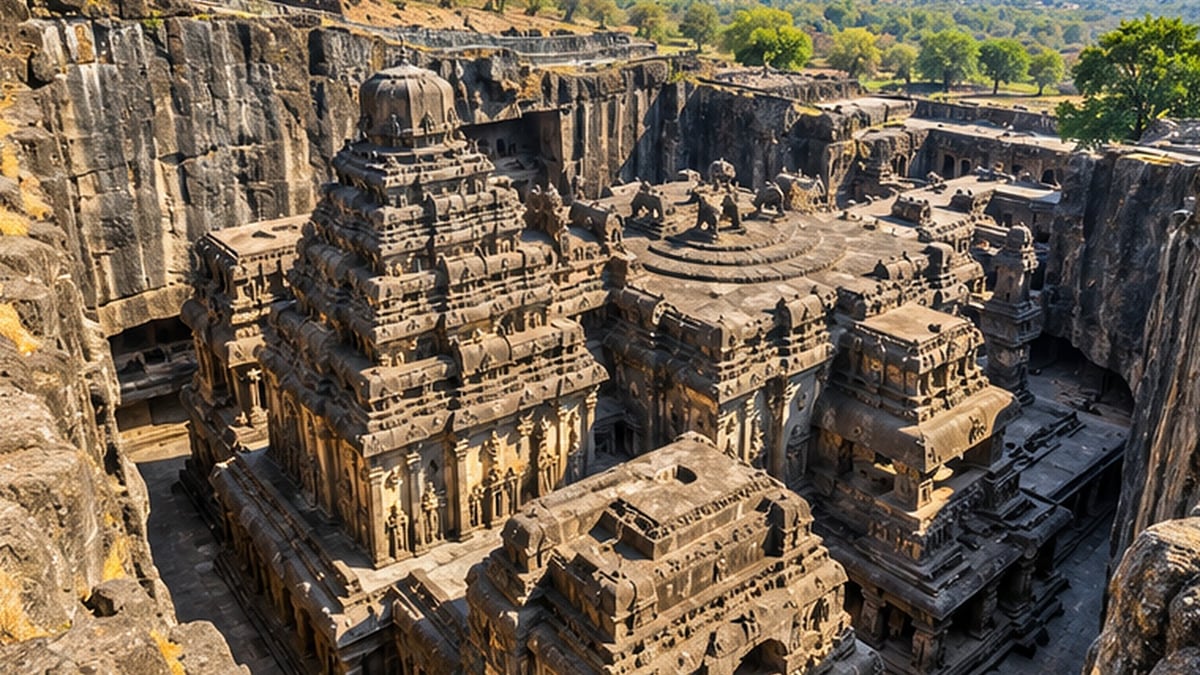 Kailasa temple carved out of the rock at the Ellora Caves