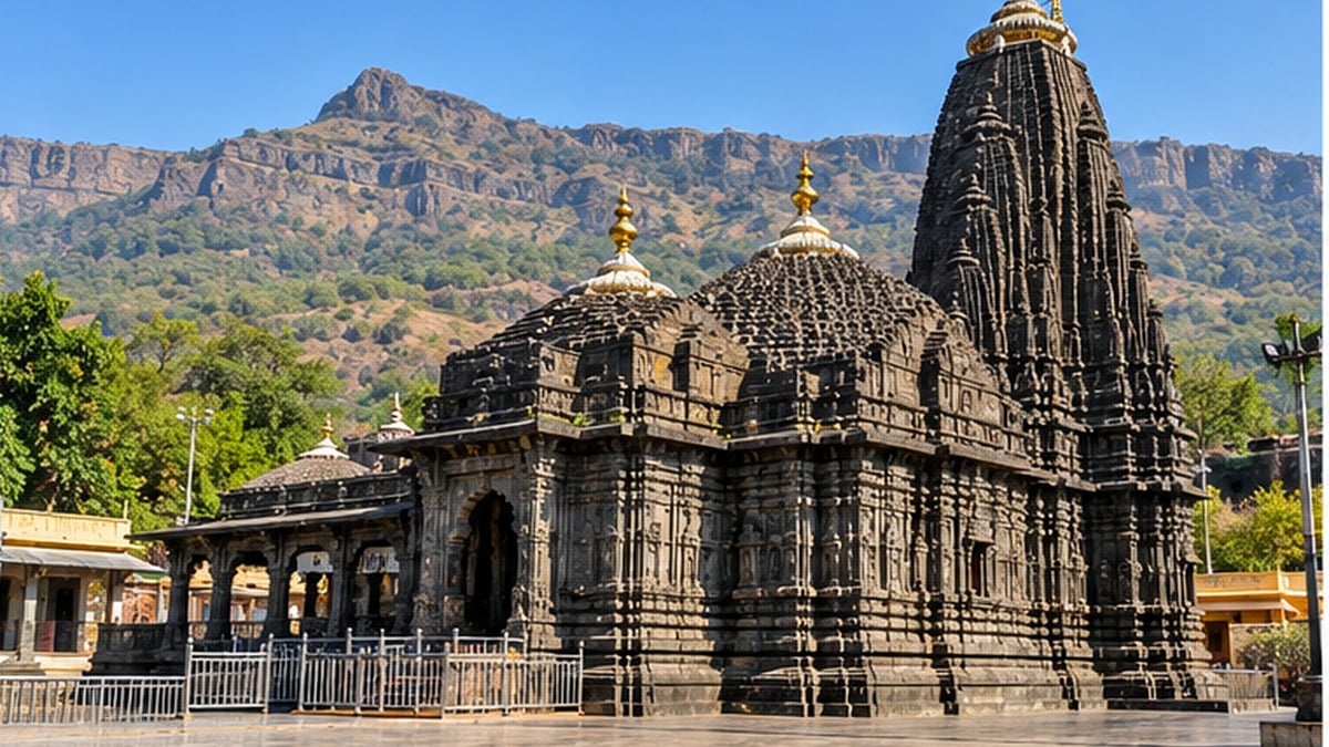 Trimbakeshwar Shiva Temple in black stone below the Brahmagiri hills