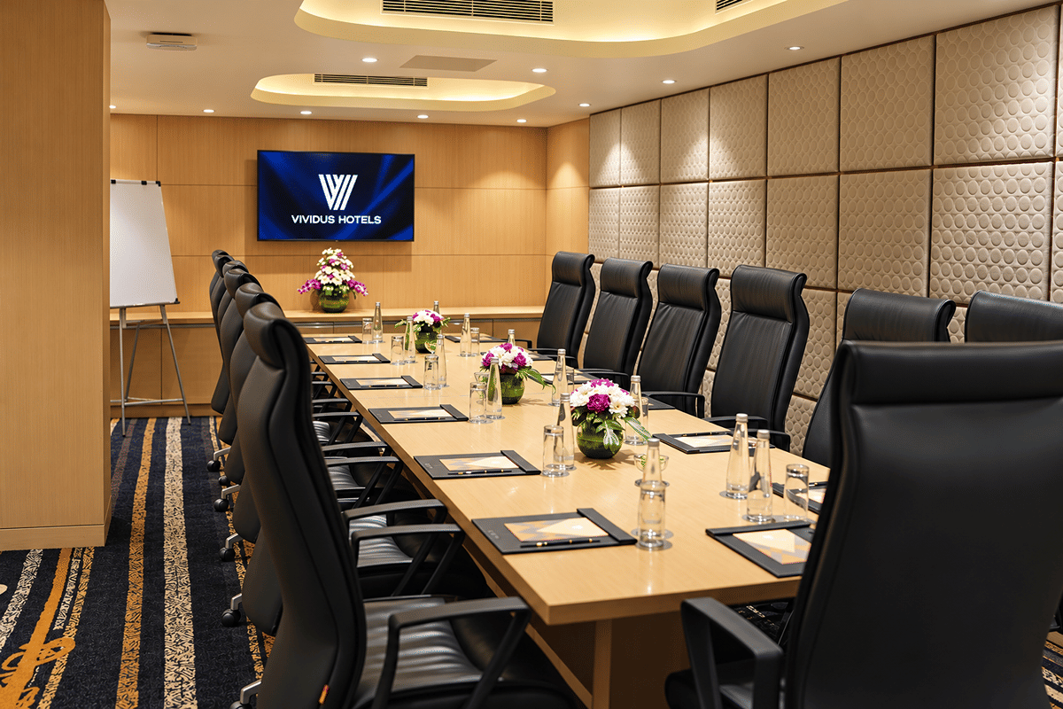 Zing boardroom with a long table and black leather chairs