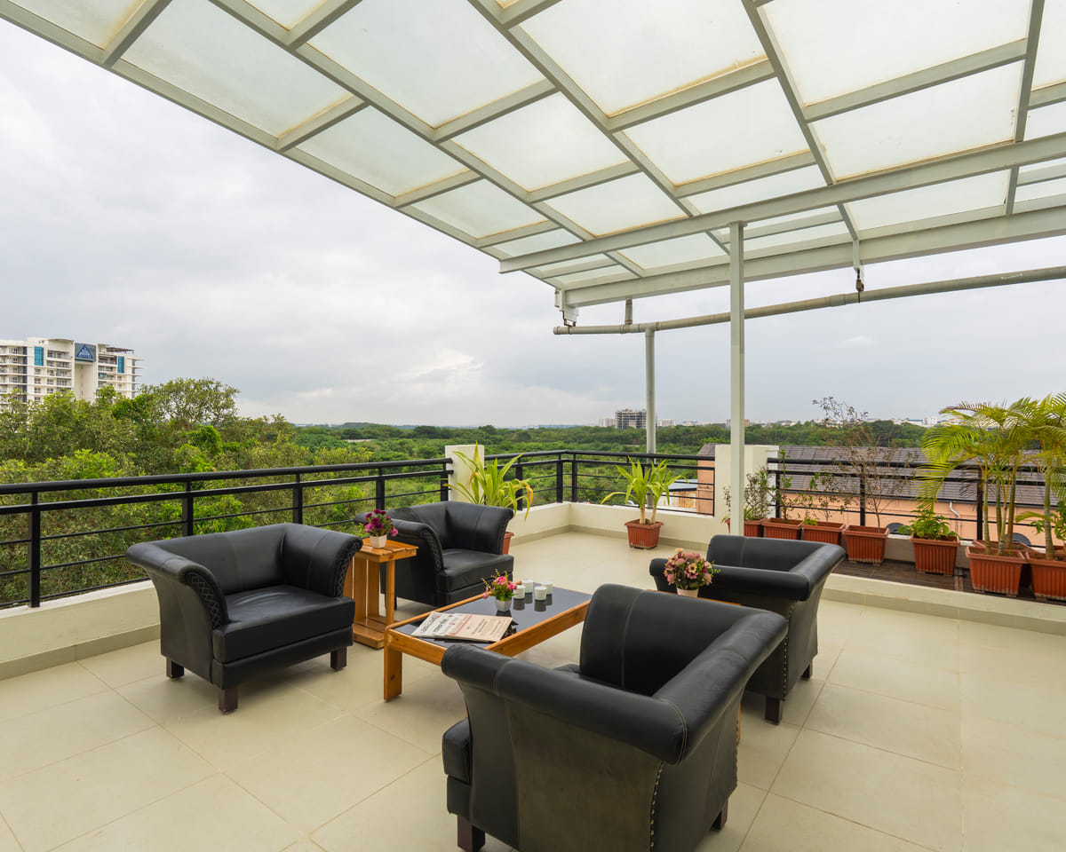 The terrace lounge area at RD Hotels, HSR Layout