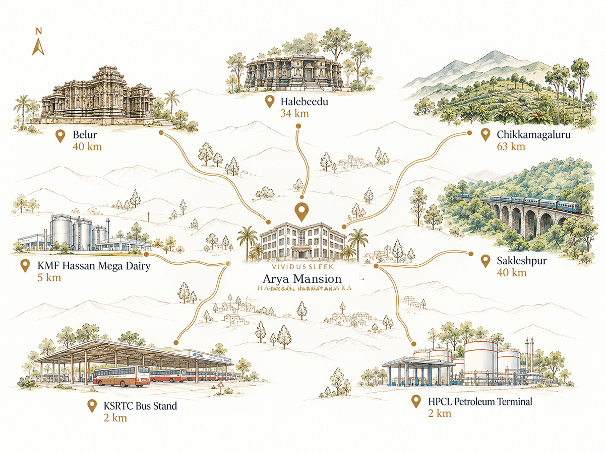 Illustrated colour map of VIVIDUS Sleek Aarya Mansion in Hassan, with routes to KSRTC Bus Stand, HPCL Petroleum Terminal, KMF Hassan Mega Dairy, Halebeedu, Belur, Sakleshpur, and Chikkamagaluru