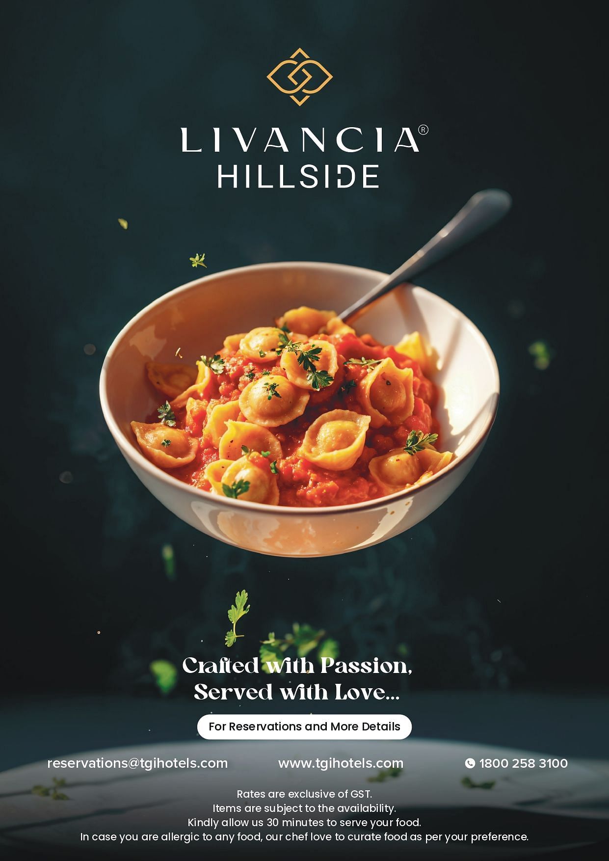 Cover image of the restaurant menu of Livancia Hillside featuring a bowl of pasta along with the contact details at the bottom