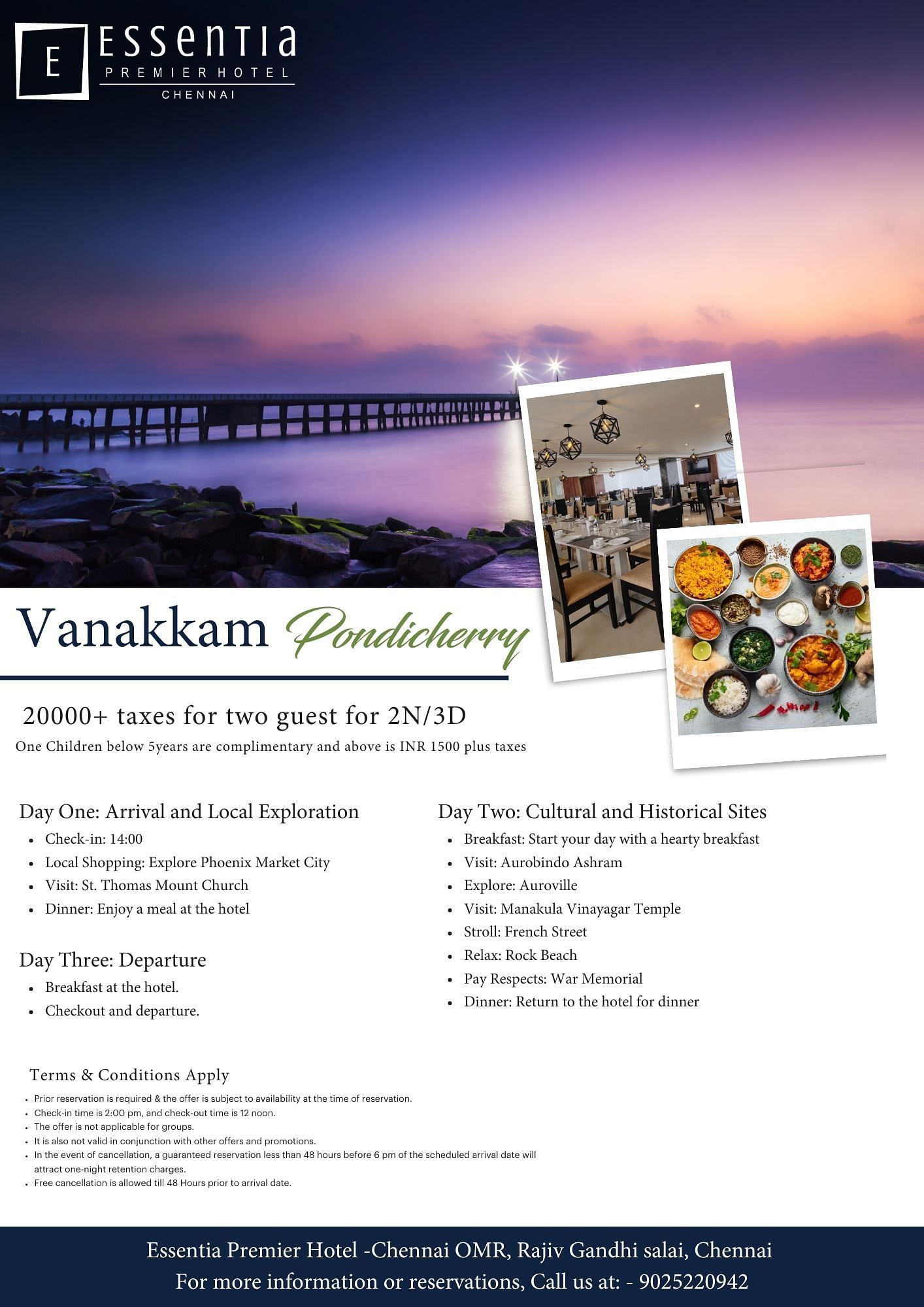 Essentia Premier Hotel Pondicherry 2N/3D getaway with city tours, Auroville visit, French Street strolls, beach time, and delightful meals included.