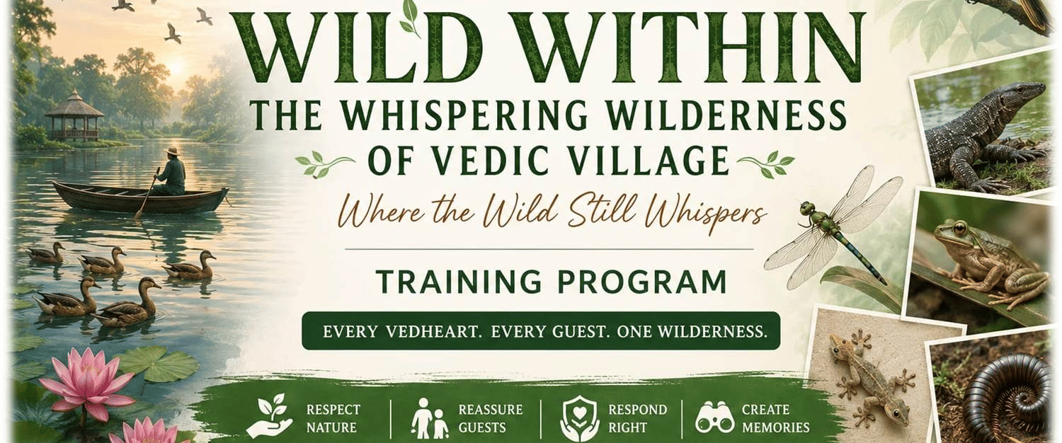 Vedic Village Spa Resort Kolkata Wild Within training programme poster featuring birds, lotus flowers, wildlife and nature respect guidelines.